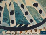 a picture of a painting of a woman in a polka dot dress