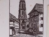 a picture of a drawing of a church in a town