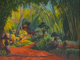 une peinture à l'huile représentant un sentier traversant un jardin parsemé d'arbres et de fleurs