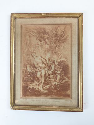 une vieille photo représentant un tableau où l'on voit un homme et une femme dans un décor boisé