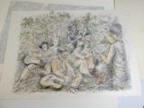 un dessin représentant un groupe de personnes dans les bois