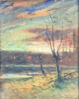an oil painting of a sunset over a lake with trees