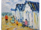 une peinture à l'huile représentant des personnes marchant sur la plage près d'un bâtiment