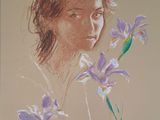 tableau représentant une femme avec des fleurs violettes devant son visage