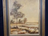an oil painting of a tree on a easel with a blue background