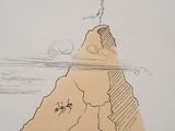 drawing of a man standing on top of a mountain with a bird flying over it