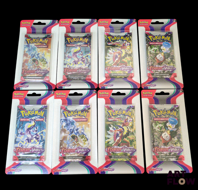 six paquets de cartes à collectionner Pokémon dans un emballage sur fond noir