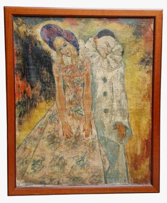 un vieux tableau représentant deux femmes debout l'une à côté de l'autre