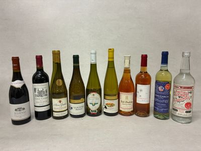 des bouteilles de vin sont alignées sur une surface blanche