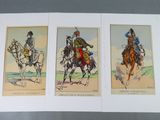 four different colored illustrations of men riding horses on a field