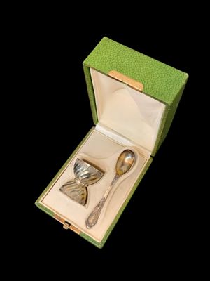 une boîte verte contenant deux cuillères et une cuillère à l'intérieur