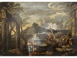 an image of a painting of a man and woman in a boat on a river