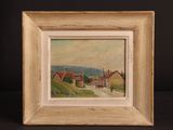 peinture à l'huile d'une scène de village avec une voiture à cheval