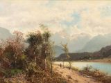 une image représentant un tableau d'une rivière avec des montagnes en arrière-plan