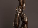 a bronze statue of a boy with a dog on a table
