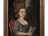 portrait d'une dame coiffée d'un chapeau à plumes et tenant un livre