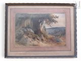 an image of a painting of a tree on a hill