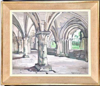 painting of a painting of an old building with columns and arches