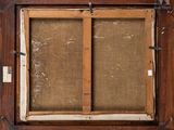 an old picture of a window with a wooden frame and burlock cloth