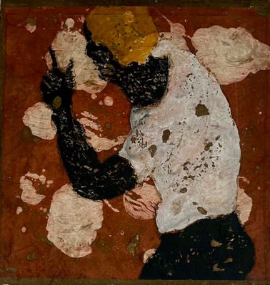 a painting of a man in a white shirt and black pants