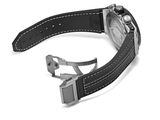 leather watch strap with silver buckle on a white background