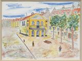 une aquarelle représentant une scène de rue avec des bâtiments
