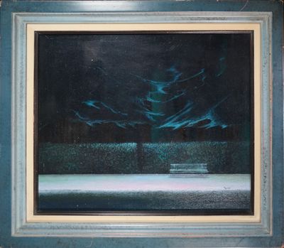 une image représentant un tableau d'un arbre dans un champ, la nuit