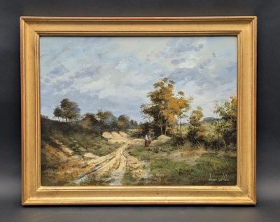 une peinture d'un chemin de terre avec des arbres en arrière-plan