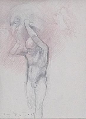 pencil drawing of a woman holding her head in her hands