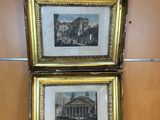 two framed pictures of a building and a building in a room