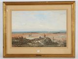 an oil painting of a beach scene with people on the shore