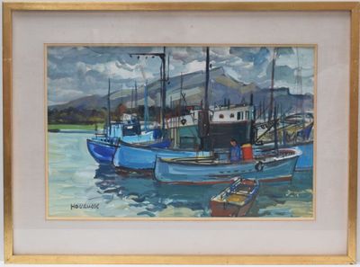 a painting of two boats in the water