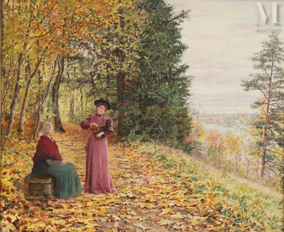 un tableau représentant deux femmes assises sur un banc dans les bois