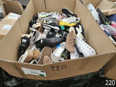 many pairs of shoes in a cardboard box on the ground