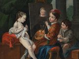 an image of a painting of a group of children sitting around a painting easel