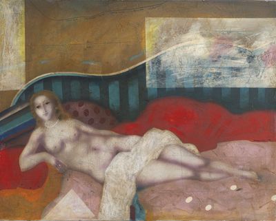 a painting of a naked woman laying on a bed