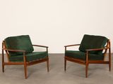 pair of mid century danish lounge chairs in teak and green velvet