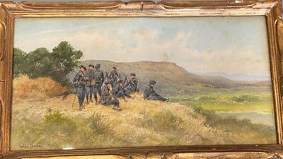 une peinture à l'huile représentant un groupe d'hommes en uniforme sur une colline