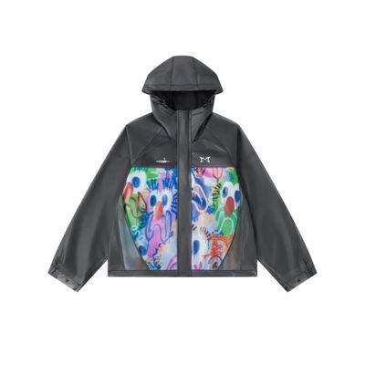 a picture of a black jacket with a colorful print on the front