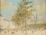 tableau représentant une scène de rue avec des passants et une église en arrière-plan