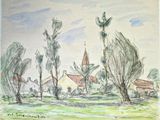 dessin représentant un paysage avec des arbres et une église au loin
