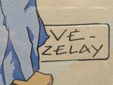 a drawing of a man walking down the street with a sign
