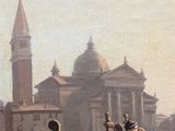 painting of a gondola with a couple in a gondola in front of a church