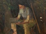 painting of a man sitting in a chair with an umbrella over his head