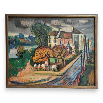 tableau encadré représentant une route de campagne avec une maison et une clôture