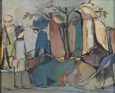 une peinture représentant un groupe de personnes assises sur un banc