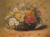 a painting of flowers in a vase on a table