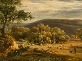 peinture représentant un tableau représentant un paysage avec des personnages et des animaux au premier plan