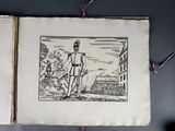an old book with a drawing of a man holding a baseball bat