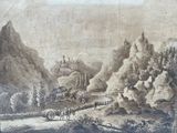 a picture of a painting of a mountain scene